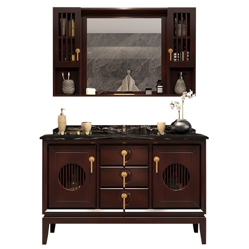 新中式橡木浴室柜组合卫生间洗手池洗脸盆柜洗漱台实木落地卫浴柜台盆大理石面盆可定制