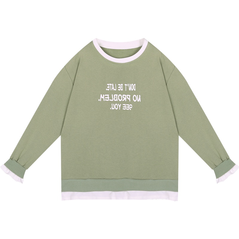 2019新款白边假两件绿色卫衣女韩版拼接学生上衣薄款字母套头衫秋