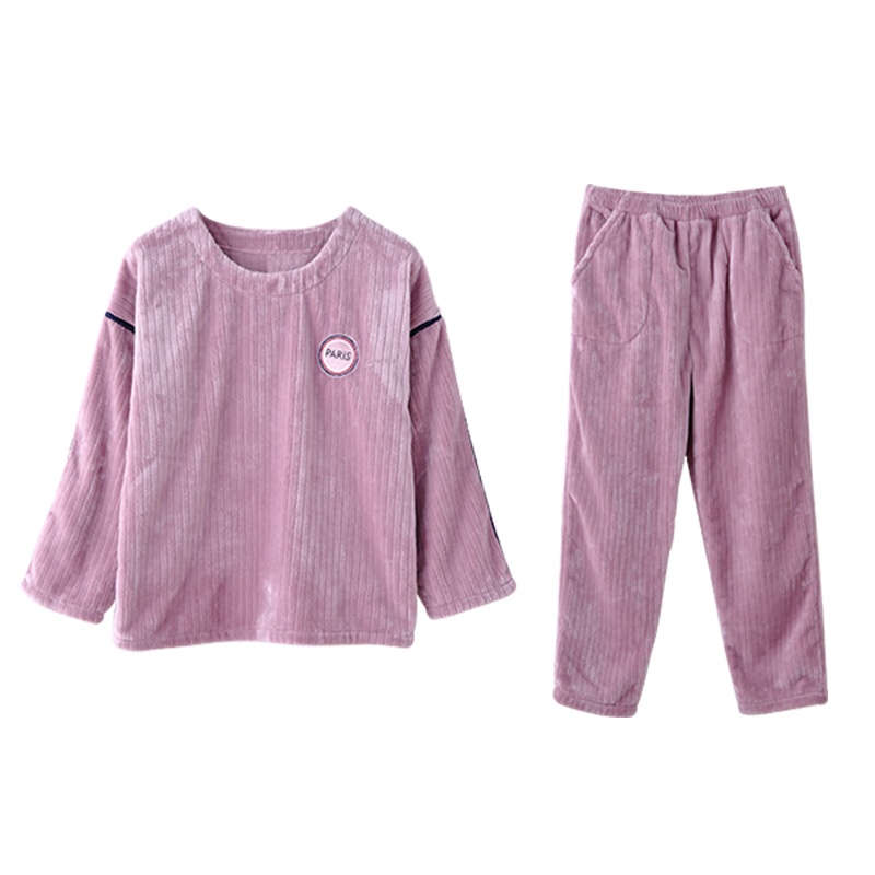 双面珊瑚绒素色圆领长袖女套装