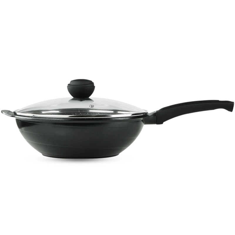 德国乐卡斯特 少油烟旋风炒锅 铝锅电磁炉燃气灶通用不粘锅 28cm旋风有耳磁火炒锅黑色