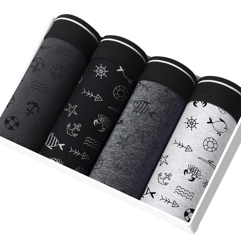 南极人男士内裤纯棉平角裤透气条纹印花全棉四角裤头盒装