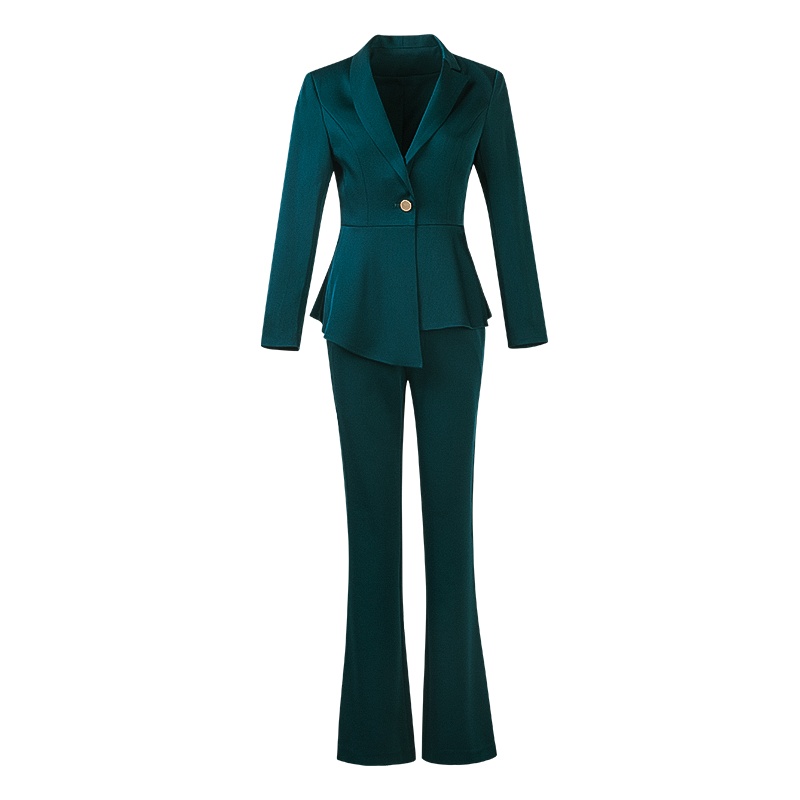 晚白 2020春季新品套装纯色西装上衣喇叭裤休闲裤长裤职业两件套女