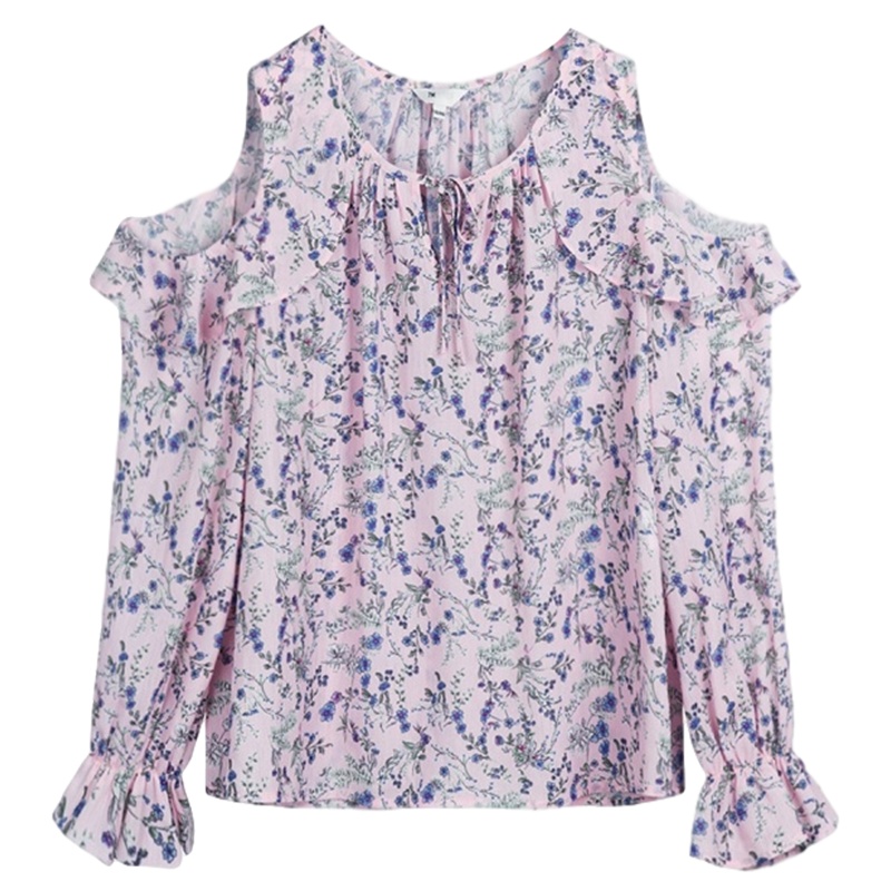 拉夏贝尔女装时尚百搭潮圆领露肩荷叶袖碎花雪纺衫上衣衬衫