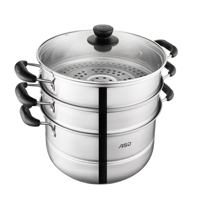 爱仕达（ASD）不锈钢蒸锅28cm三层加厚复底多功能汤锅蒸笼多层蒸屉大容量蒸馒头蒸鱼大号炖汤锅煮锅 煤燃气电磁炉通用锅具