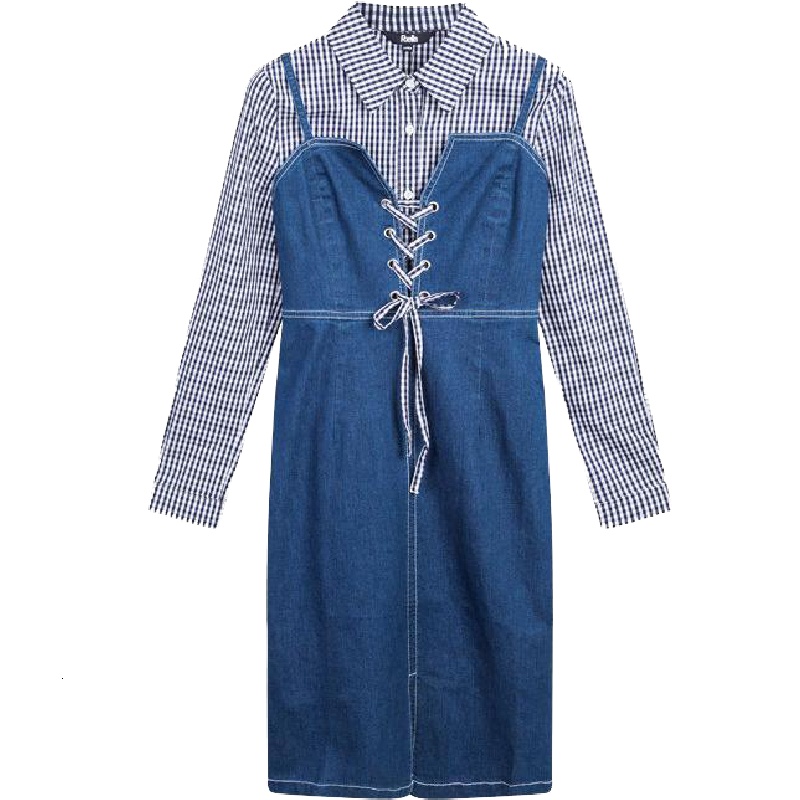 拉夏贝尔秋季新款时尚衬衫牛仔裙中长款显瘦两件套连衣裙女20011675