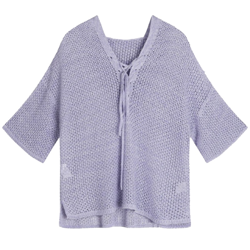 拉夏贝尔针织连帽衫女薄款春季镂空韩版V领上衣宽松罩衫10018204