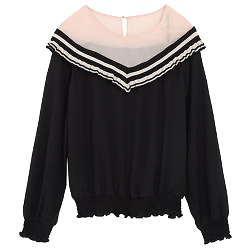 拉夏贝尔毛织套头春季新款宽松圆领假两件长袖上衣女士10018549