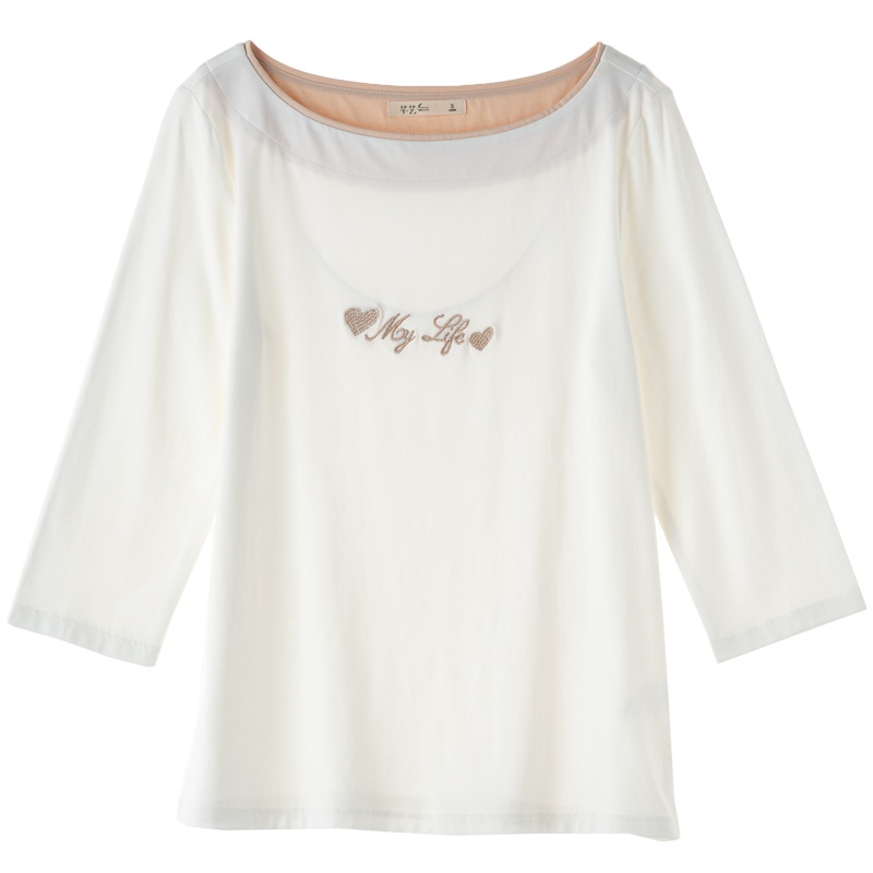 芊艺白色圆领t恤女2019早秋新款韩版套头体恤七分袖绣花上衣10330