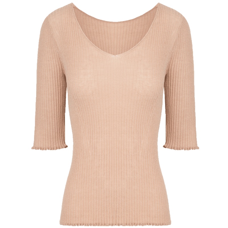 鄂尔多斯ERDOS 春夏V领抽条简约时尚半袖女士针织衫/毛衣