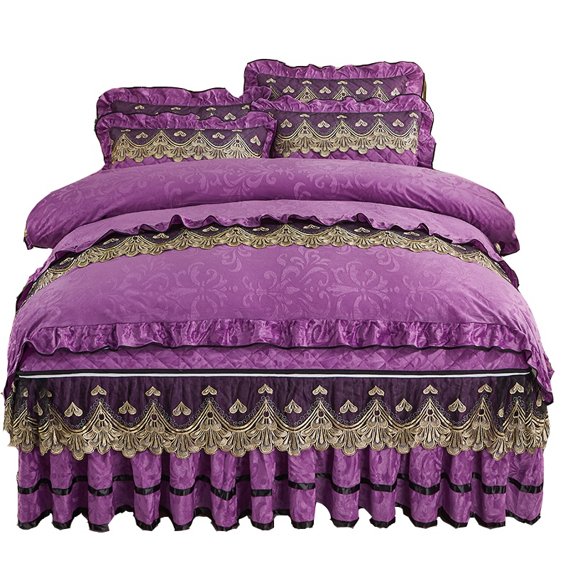 吉岳Giyou2020秋冬款天鹅绒提花蕾丝边夹棉保暖床裙三件套四件套