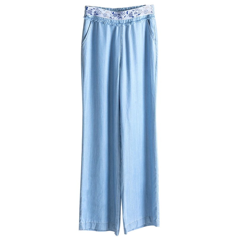 恒源祥天丝牛仔裤女春夏松紧高腰刺绣阔腿裤蓝色薄款休闲长裤