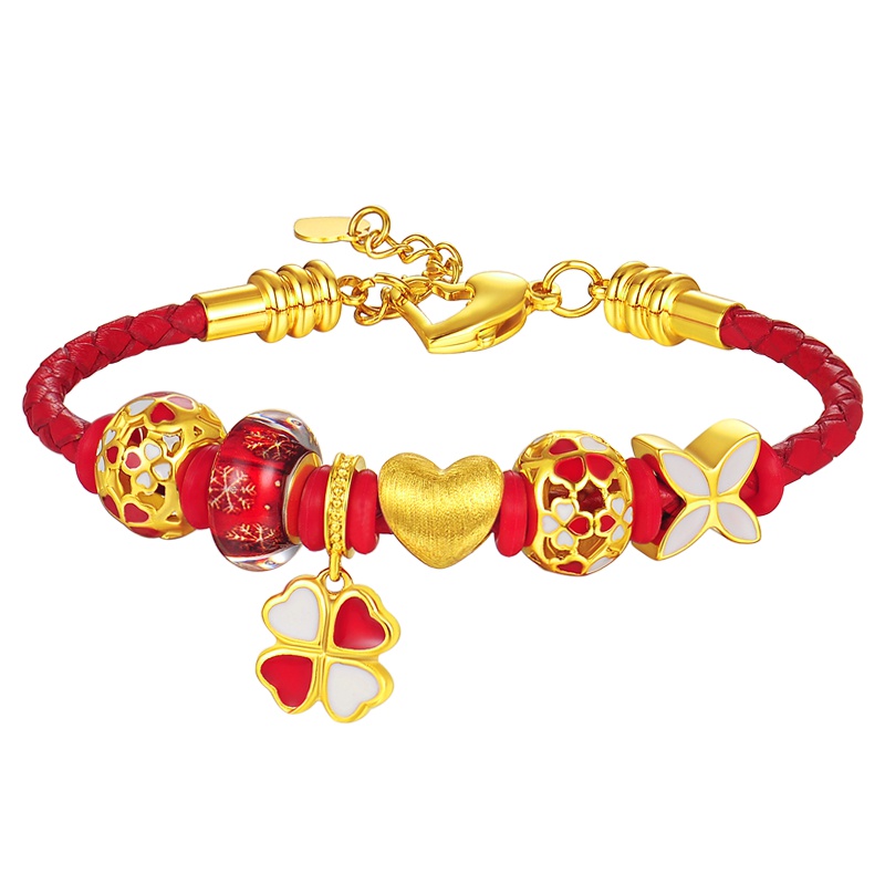 蒂蔻 时尚爱心形黄金手链女款硬金四叶草红色手绳七夕情人节表白生日送女朋友