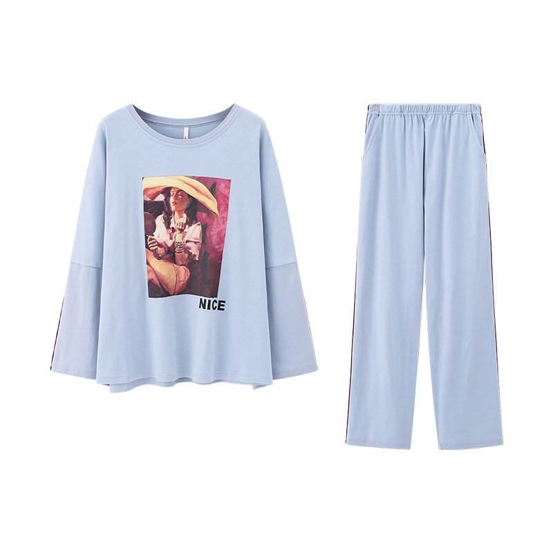 安之伴睡衣女秋针织优质韩尔棉素色插印花长袖女套装