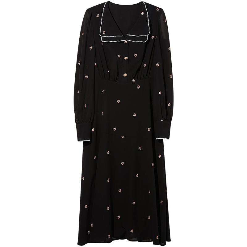 三彩2021夏季新款花边翻领绣花长袖收腰连衣裙衬衫裙女