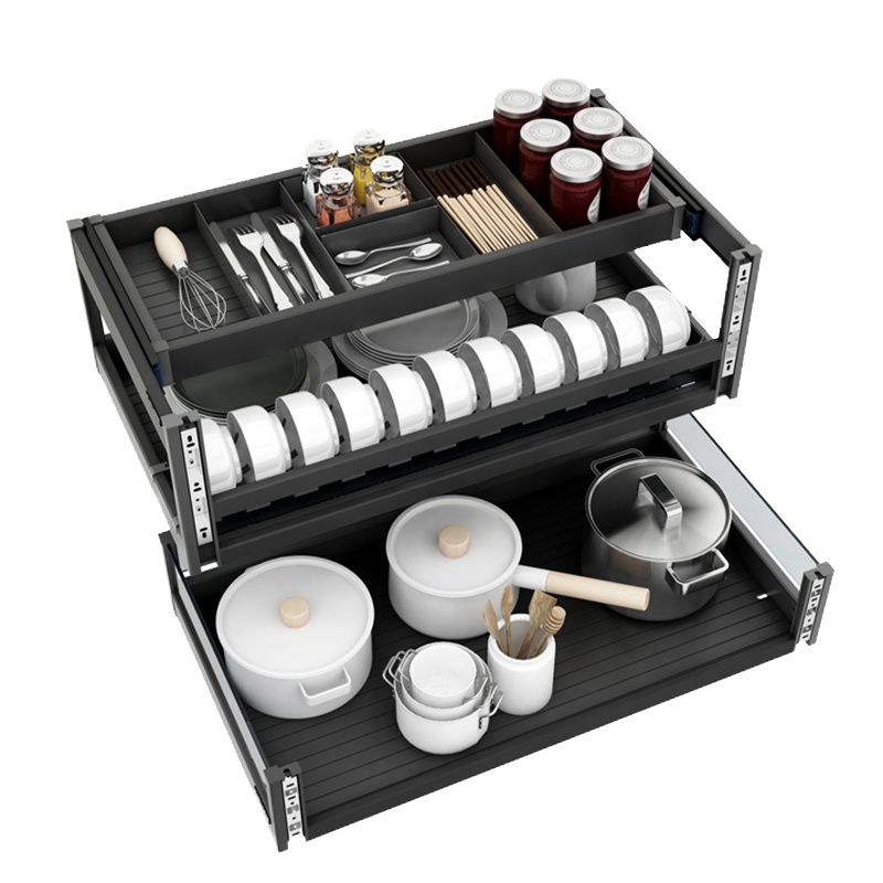 定制厨房橱柜太空铝抽中抽拉篮古达柜内置收纳三层调味料铝合金碗碟篮