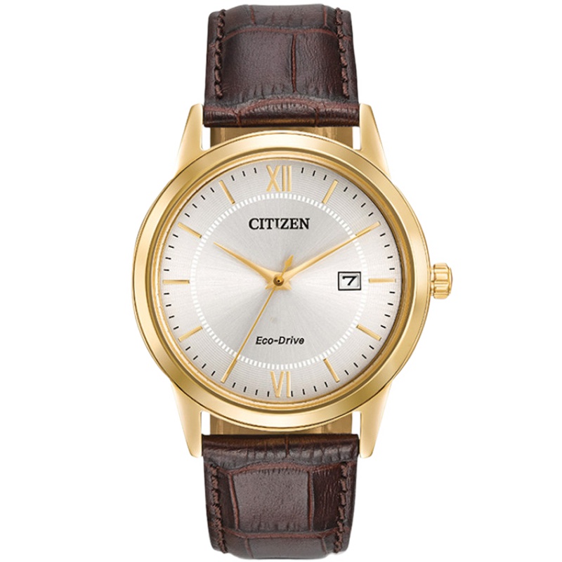 西铁城(CITIZEN)手表男日本 皮带光动能镀金情侣对表男表 AW1232-12A 银盘棕带
