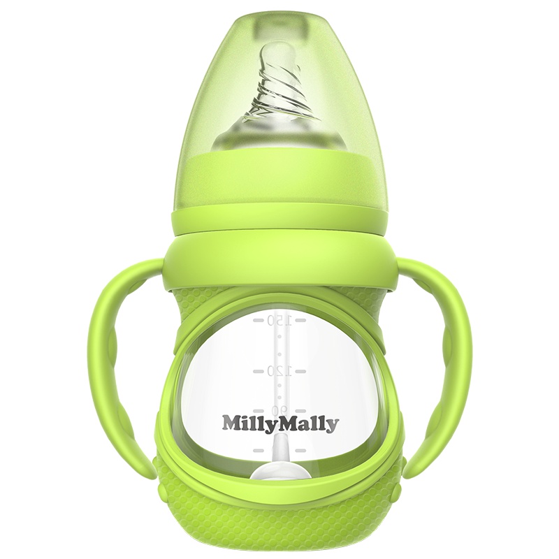 [30天破损换新]MillyMally 婴儿奶瓶玻璃 防摔 硅胶奶嘴 宽口径 防胀气 带手柄重力球吸管 蓝色 150ml
