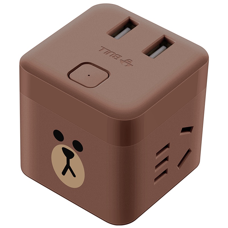 公牛(BULL)GNV-U9212B布朗熊魔方二位双USB无线插座接线板LINE FRIENDS联名款棕色插头