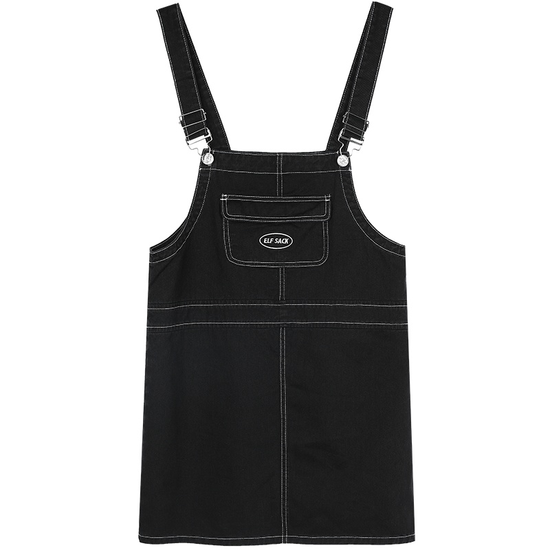 【新款】妖精的口袋牛仔背带裙女2020夏季新款黑色学院风连衣裙子