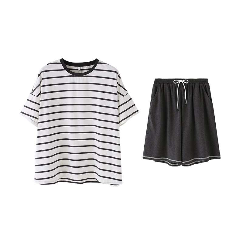 安之伴情侣睡衣女夏季薄款条纹V领棉质短袖休闲宽松男家居服睡裙