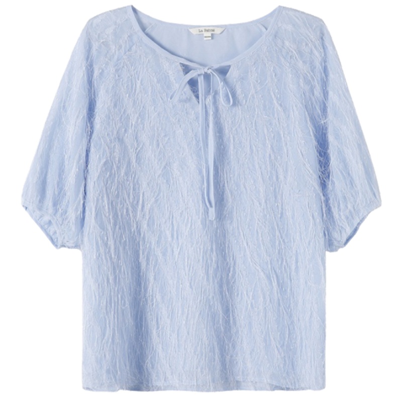 【专柜同款】拉夏贝尔旗下夏季新款韩版圆领系带五分袖宽松流苏雪纺洋气衬衫60301053