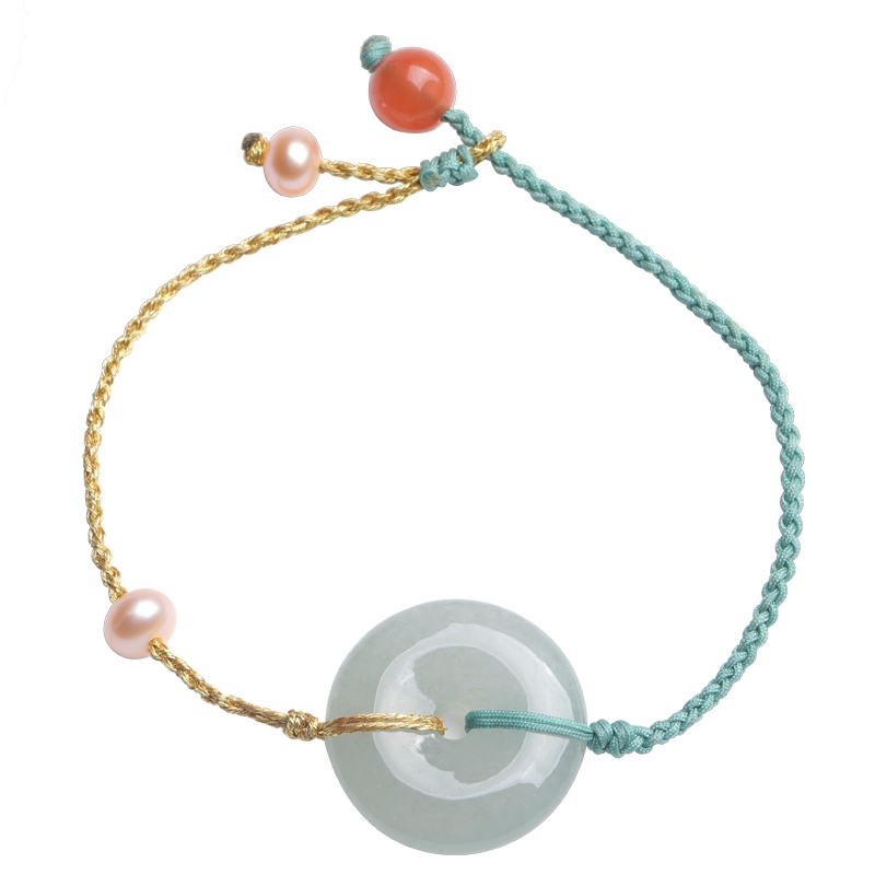 印象眸 翡翠平安扣手链 手工编绳平安吉祥粉珍珠女款手饰 附送证书