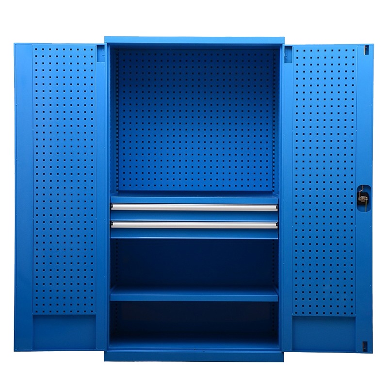 臻远重型五金工具柜铁皮柜双开门置物柜多功能零件柜~两层板两抽+门挂板+背挂板(蓝色)