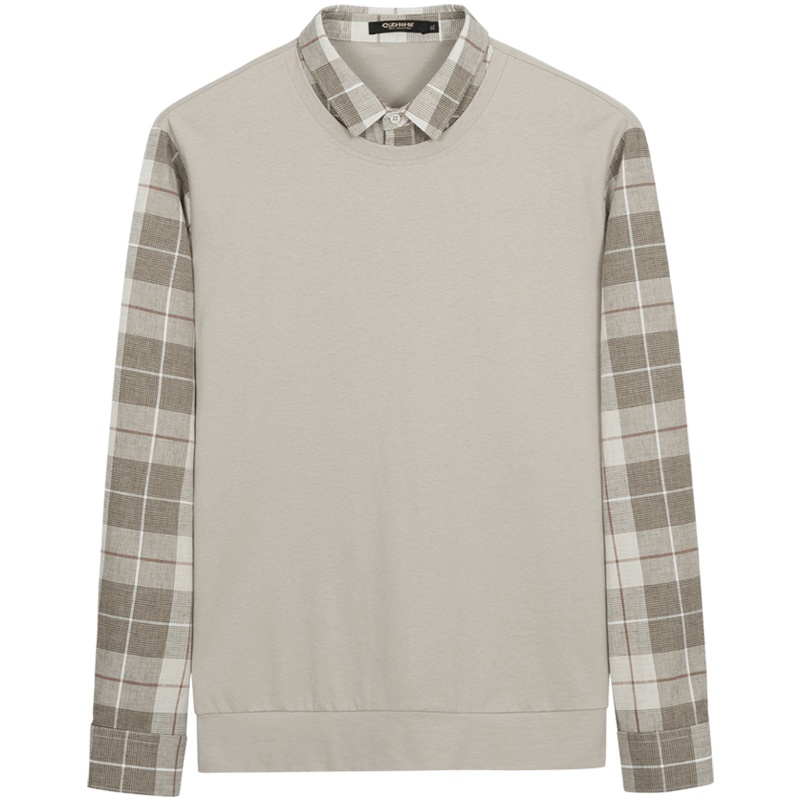 千纸鹤男装格子上衣2020春季休闲假两件双领拼接套头卫衣男15405