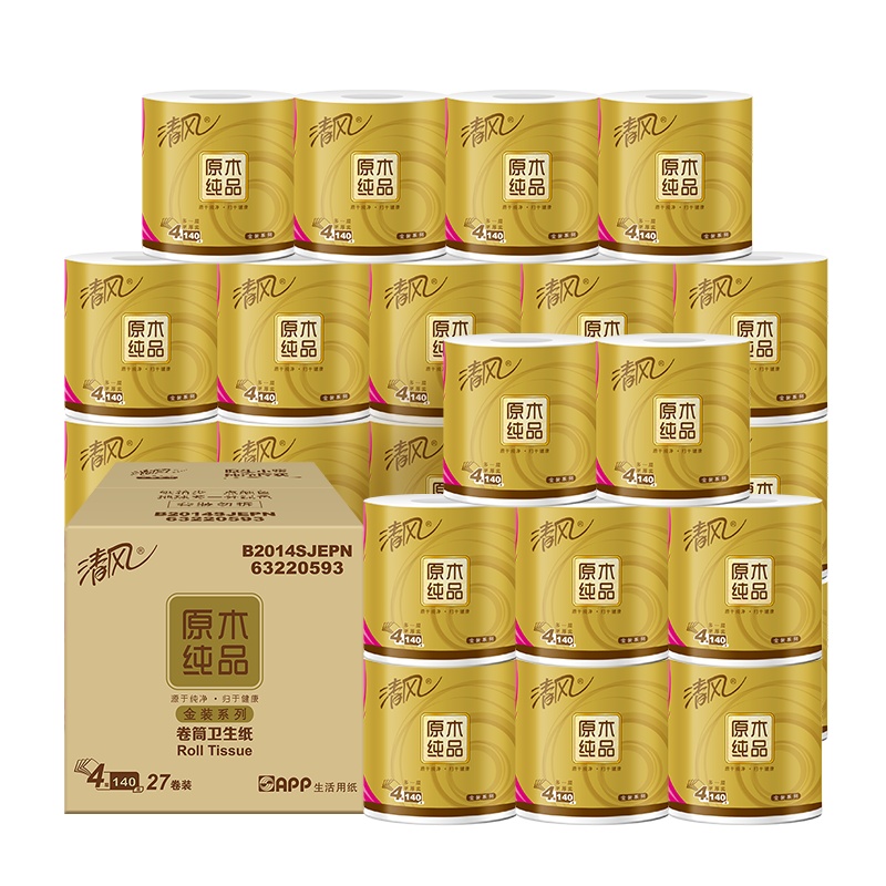清风 卷纸 原木金装系列 4层140克27卷 卫生纸 有芯卷筒纸 厕纸