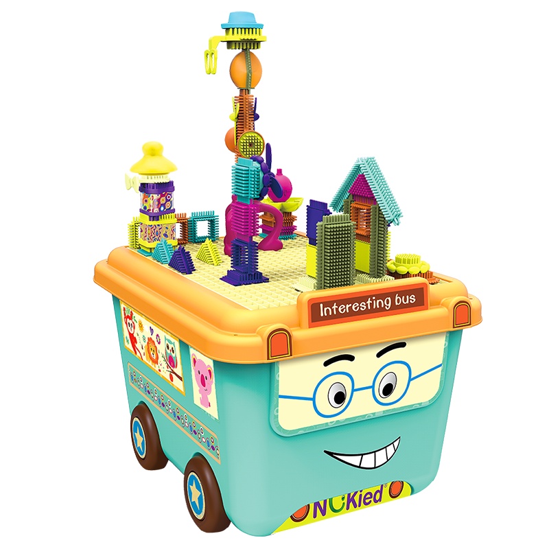 纽奇(Nukied)儿童玩具鬃毛积木拼装拼插积木男孩女孩益智可收纳积木套装 鬃毛积木120件套[配收纳巴士车+积木板]