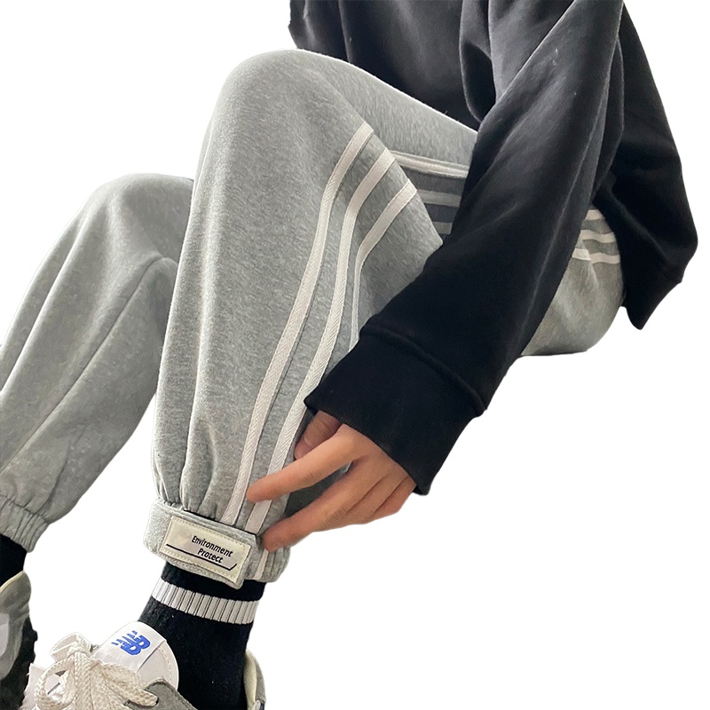 茜靓CHYLLIRN加绒卫裤男士秋冬季韩版潮流直筒束脚侧边条纹休闲运动裤大码裤子
