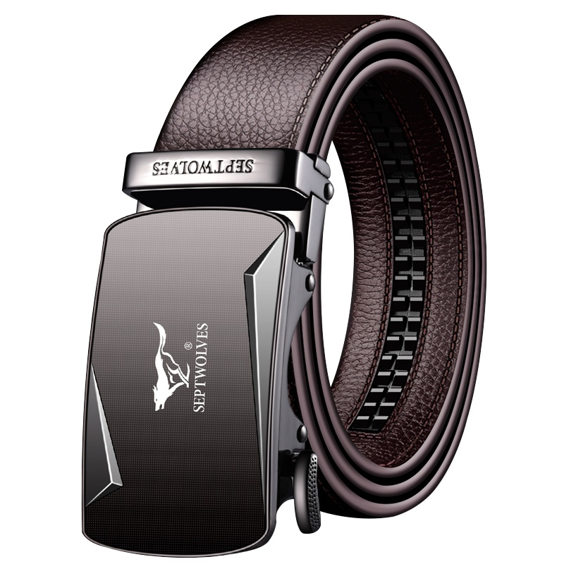 七匹狼皮带男自动扣牛皮时尚休闲款裤带简约中青年男腰带枪色镜面啡色带身 精美礼盒送礼自用送父亲送男友生日礼物