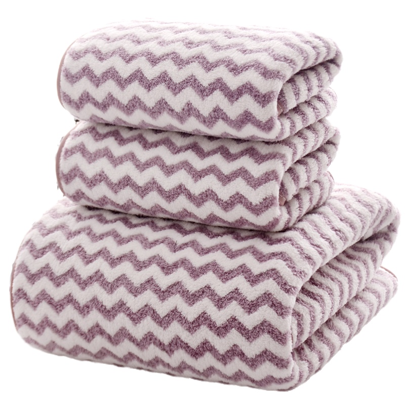 【买即送浴帽】斜月三星 纹理珊瑚绒毛巾浴巾三件套 菠萝格 2条毛巾+1条浴巾套装 强力吸水