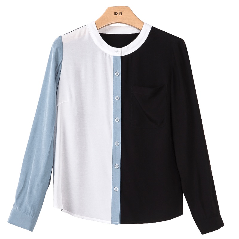 晚白2020秋新品时尚通勤个性百搭拼色圆领宽松休闲上衣衬衫衬衣女