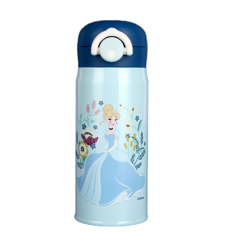 迪士尼弹跳盖水杯子可爱卡通儿童316不锈钢保温杯迪士尼简约保温杯儿童学生便携防摔医用级316不锈钢水杯-蓝色公主保温杯