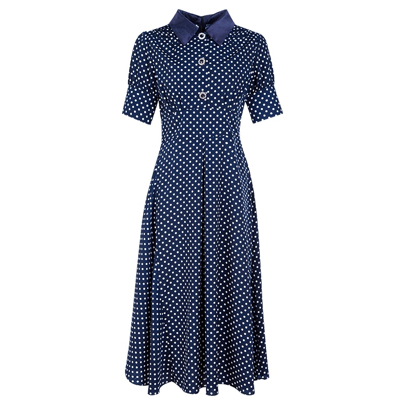 晩白 新品翻领波点印花收腰中长款大摆短袖A字连衣裙女