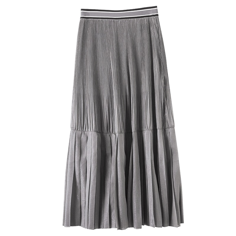 晚白2021春季新品时尚减龄松紧高腰纯色百褶裙长裙A字半身裙女