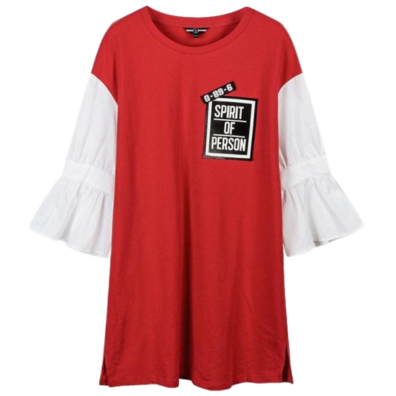 7M莫丽菲尔秋季新款韩版甜美印花宽松显瘦荷叶袖红色中长连衣裙女70008643