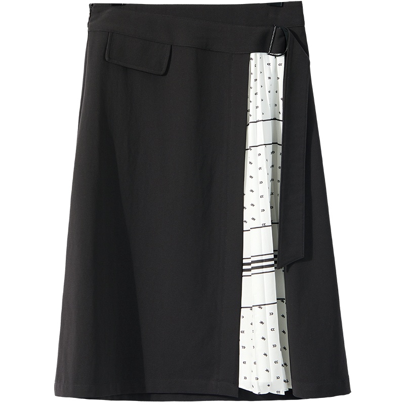 【夏季新品】OSA欧莎黑色拼接半身裙中长款女高腰a字裙夏2021新款气质职业百褶裙子