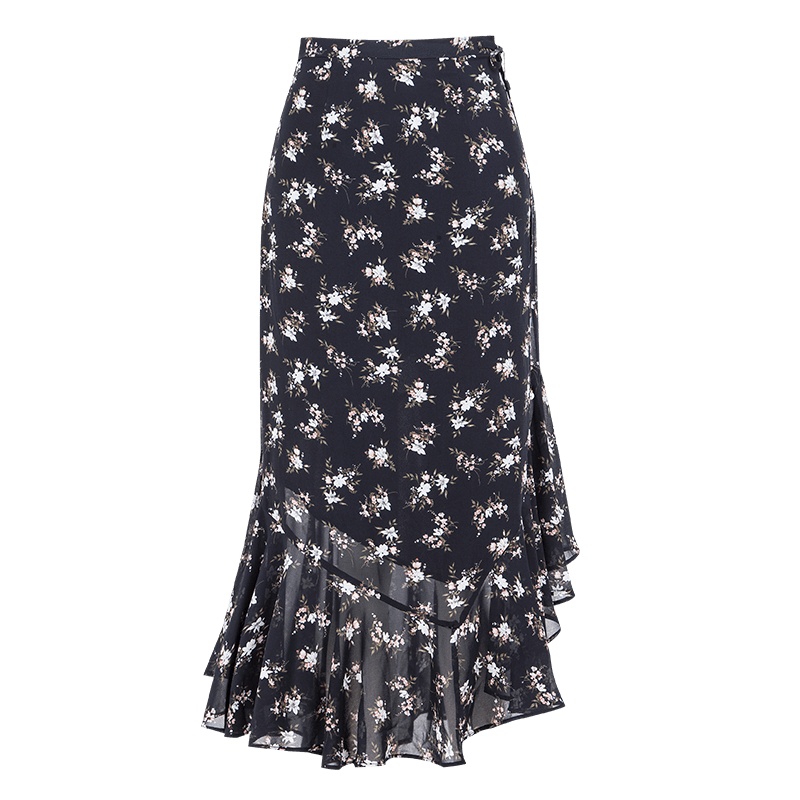 晚白新款修身百搭高腰印花包臀不规则荷叶边雪纺半身裙女