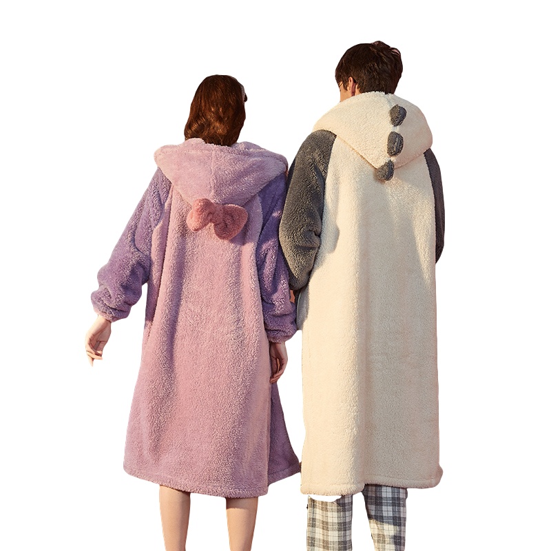 唐狮情侣睡衣秋冬新款珊瑚绒加厚连帽睡袍长款男女外穿家居服