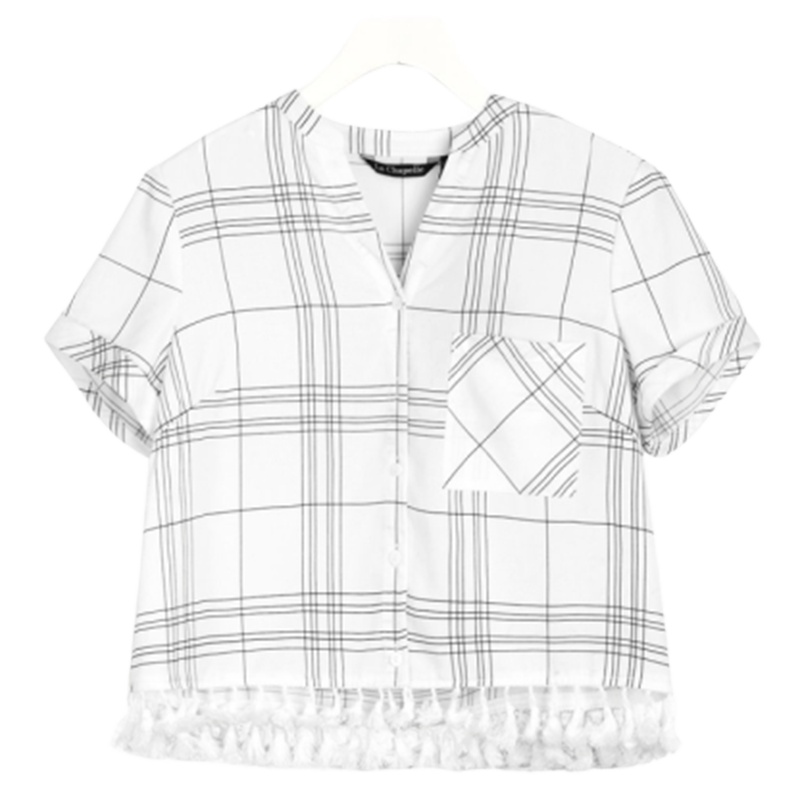 拉夏贝尔女士夏装新款格子衬衣宽松韩版上衣短款复古港味衬衫 格子混色 S