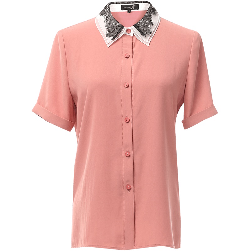 欧昵雪夏季纱蕾丝拼接翻领衬衫女短袖OL衬衣气质上衣