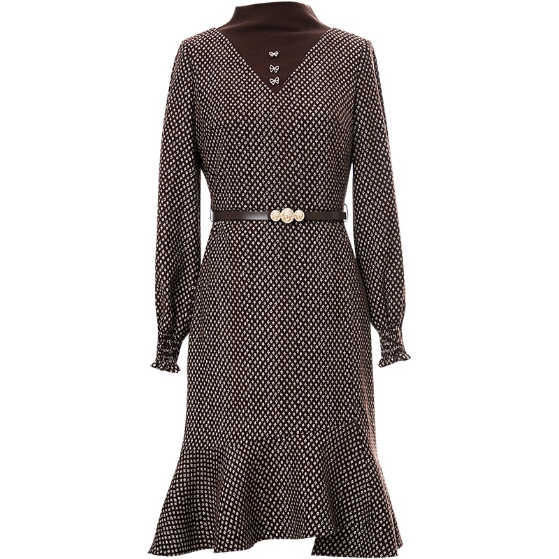 OUNIXUE欧昵雪 | [甜美小碎花收腰连衣裙]秋冬季假两件立领长袖荷叶边裙子女