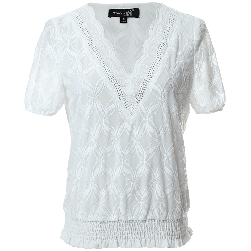 欧昵雪夏季V领蕾丝花边束腰显瘦雪纺衫女白色短袖上衣