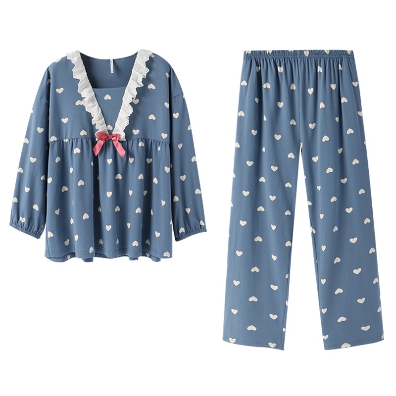 安之伴春季睡衣甜美爱心纯棉长袖少女花边两件套装女士家居服