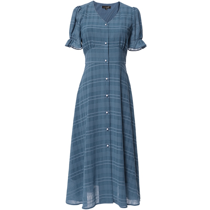 欧昵雪夏季气质V领格子雪纺连衣裙女高腰短袖显瘦a字裙