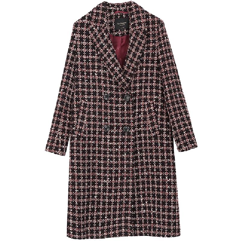 上新拉夏贝尔冬季新款宽松显瘦流行小个子中长格子毛呢外套女10019481