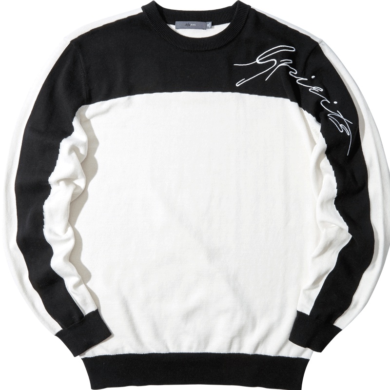 黑鲸黑白镶拼长袖毛衫男2019春季字母刺绣毛衣男CNZAJ19004A
