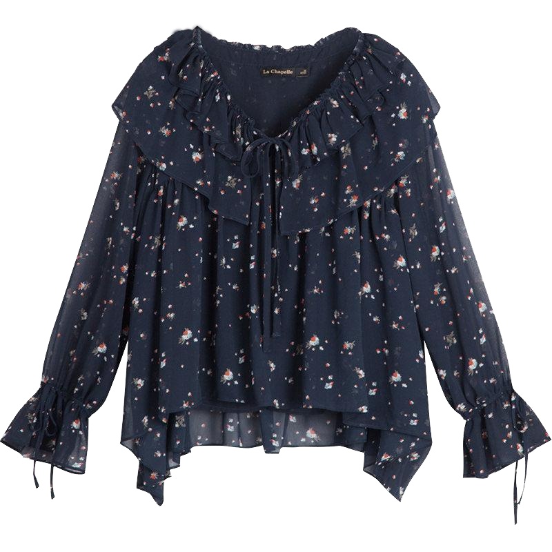 上新拉夏贝尔雪纺衫女长袖气质秋冬新款韩版宽松复古印花衬衣1T000780